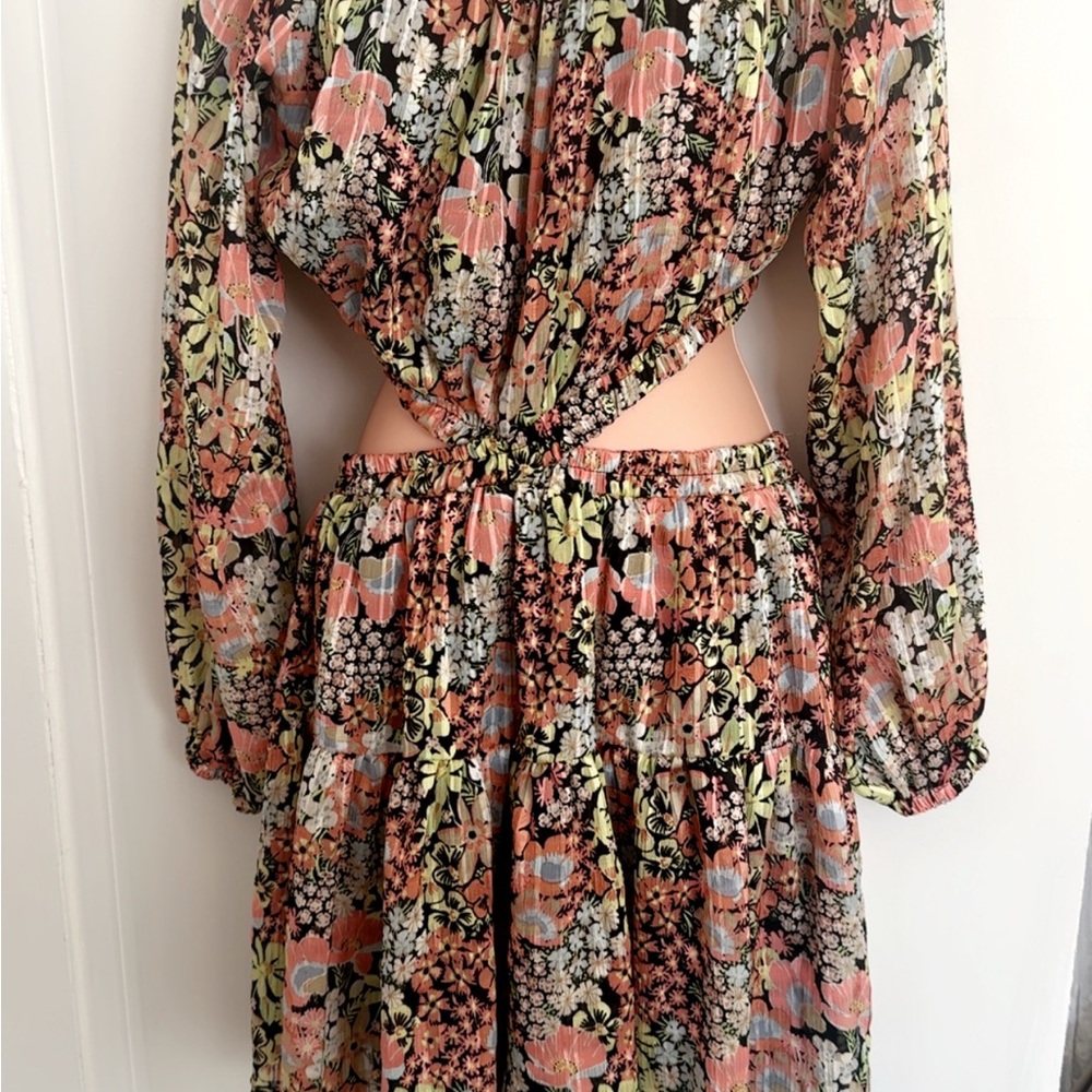 Forever 21 Black Floral Long Sleeve Maxi Dress with Coral and Lime Accents